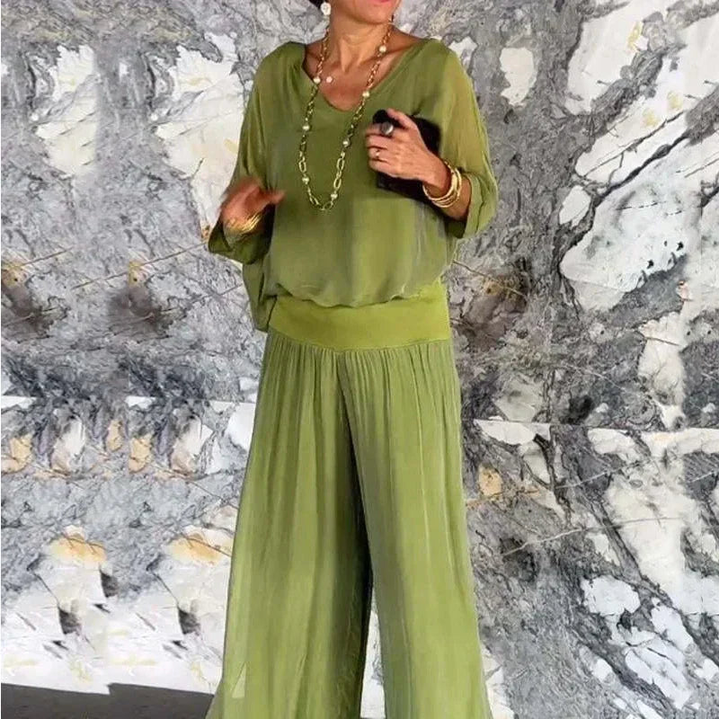 Elegante top de gasa con pantalón-conjunto de dos piezas