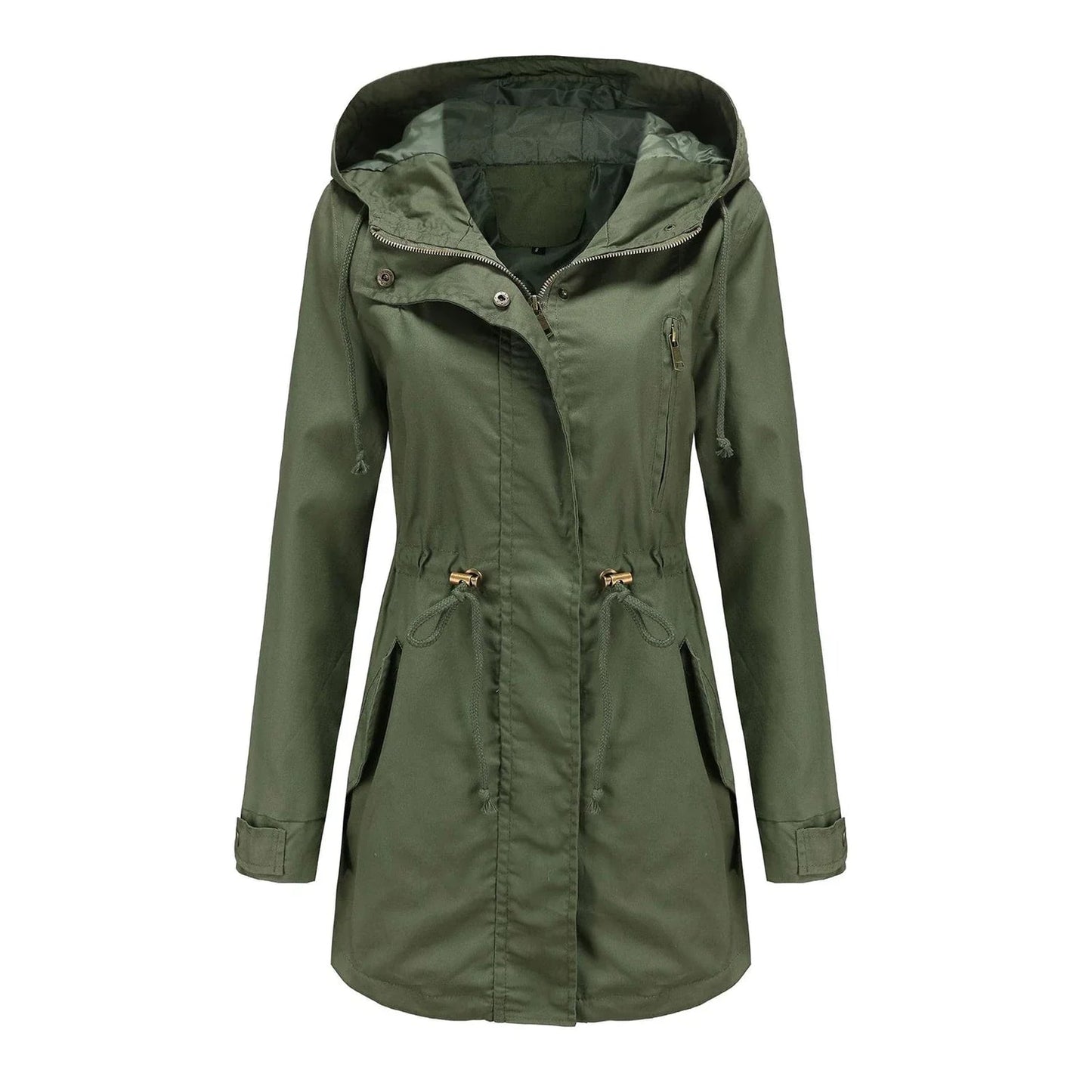 Elegante chubasquero con capucha y cintura ajustable para mujer | Ideal para otoño/invierno