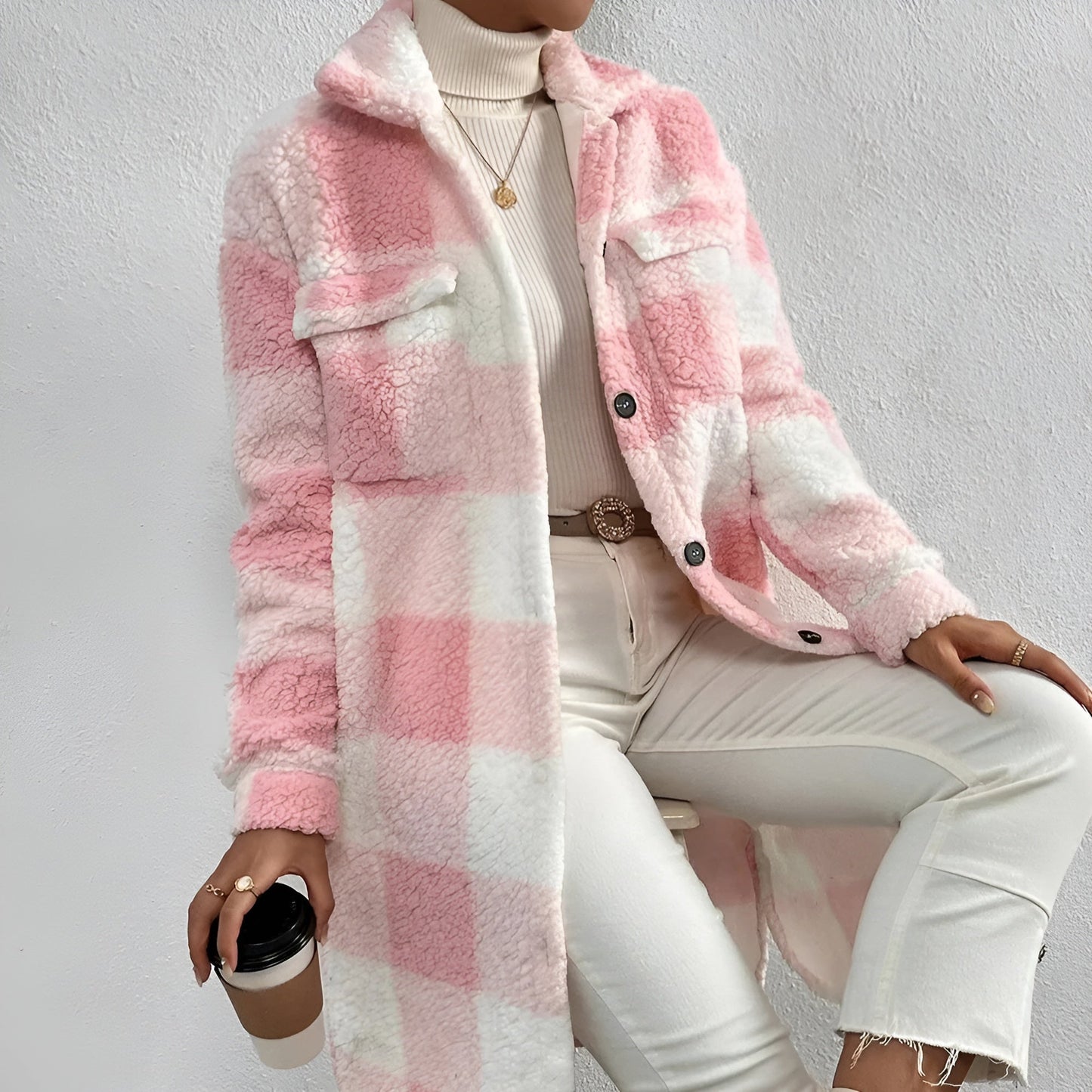 Chaqueta larga de cuadros para mujer