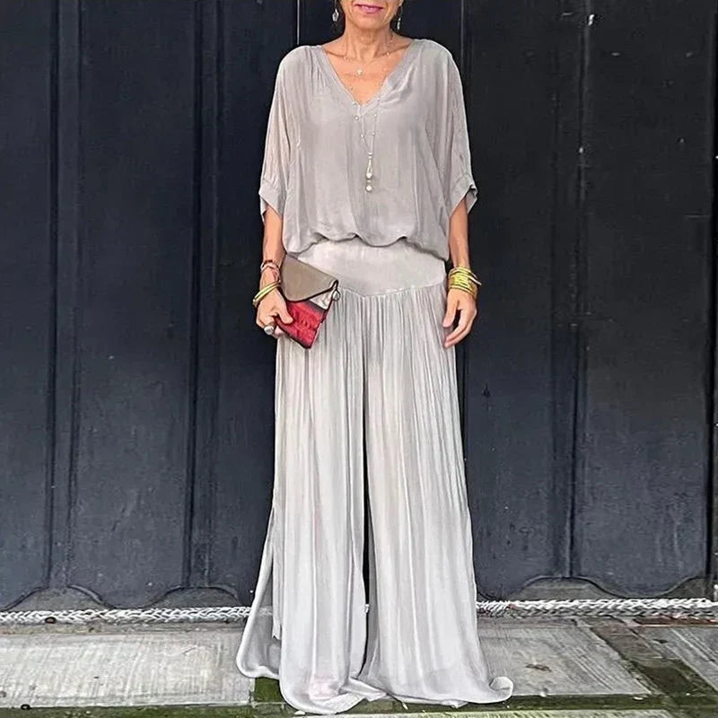 Elegante top de gasa con pantalón-conjunto de dos piezas
