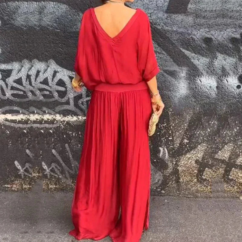 Elegante top de gasa con pantalón-conjunto de dos piezas