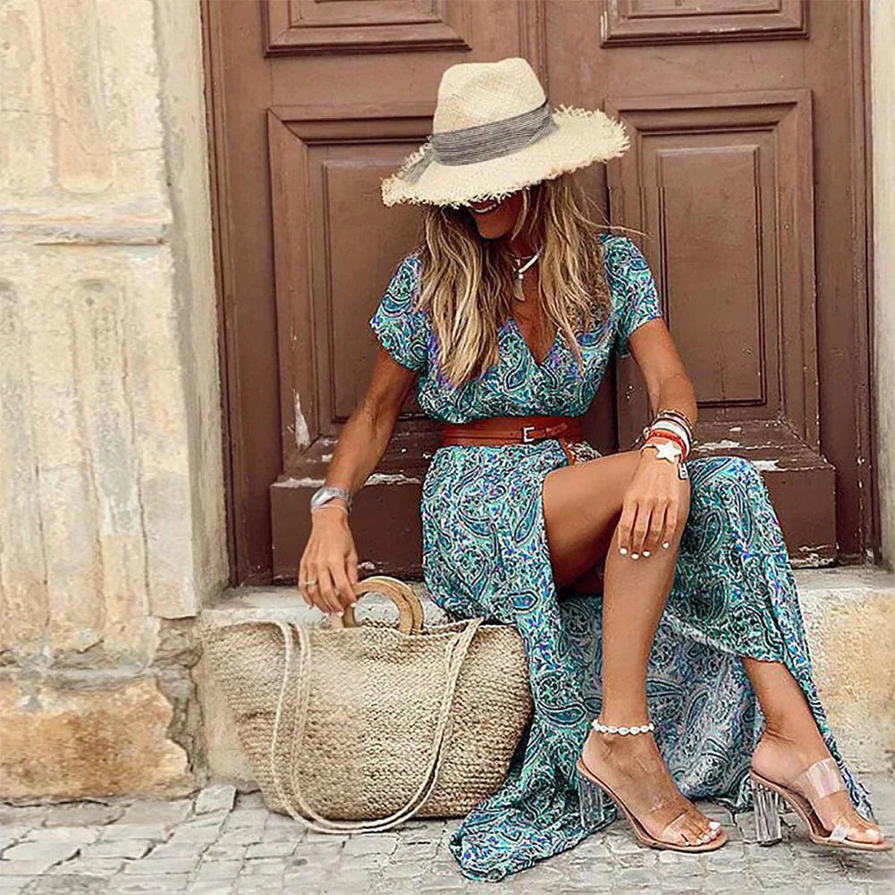 Elegante vestido bohemio con cinturón gratis