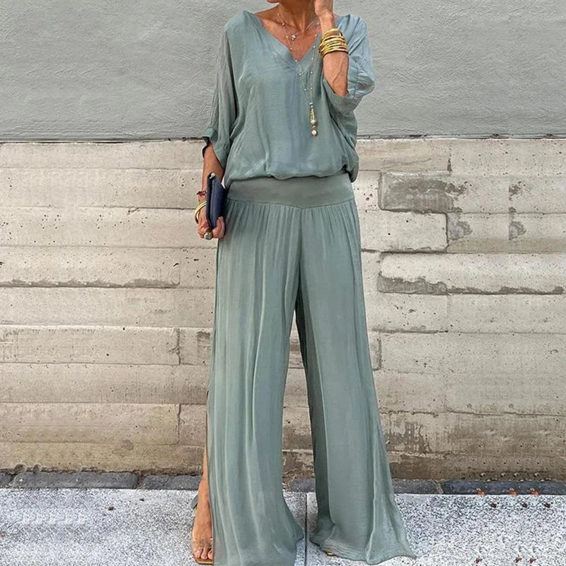 Elegante top de gasa con pantalón-conjunto de dos piezas