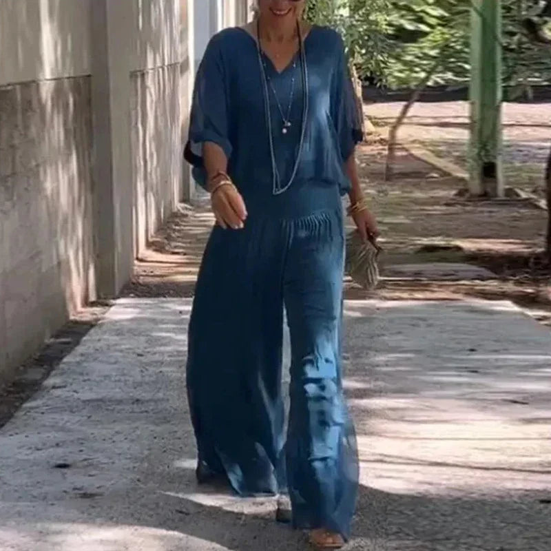 Elegante top de gasa con pantalón-conjunto de dos piezas