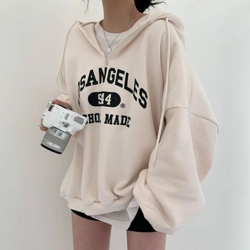 Elisa | Sudadera con capucha oversize beige con estampado de Los Ángeles - Ideal para otoño/invierno