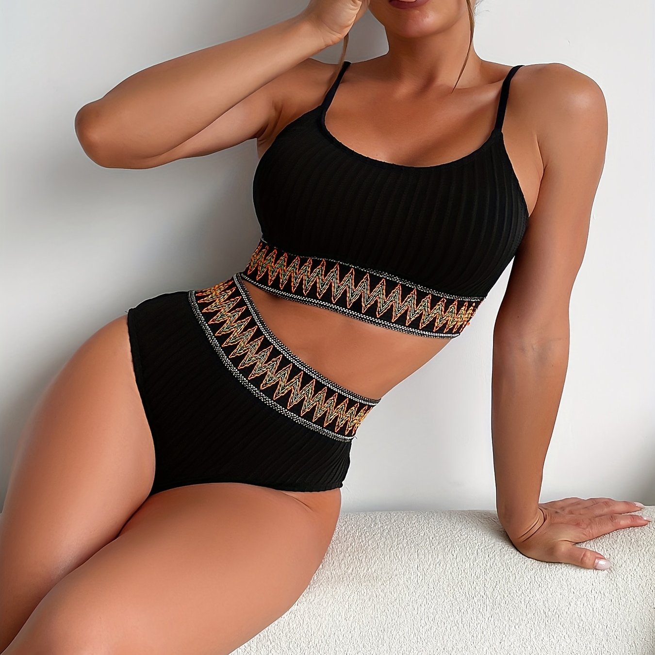 Braguita y sujetador de bikini de cintura alta de canalé Seraphina