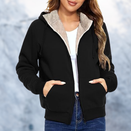 Helena - Chaqueta con capucha de lana de cordero negra para mujer