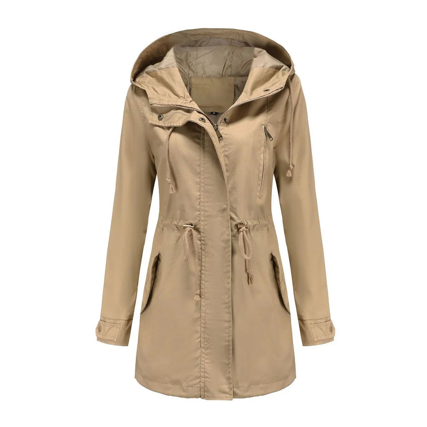 Elegante chubasquero con capucha y cintura ajustable para mujer | Ideal para otoño/invierno