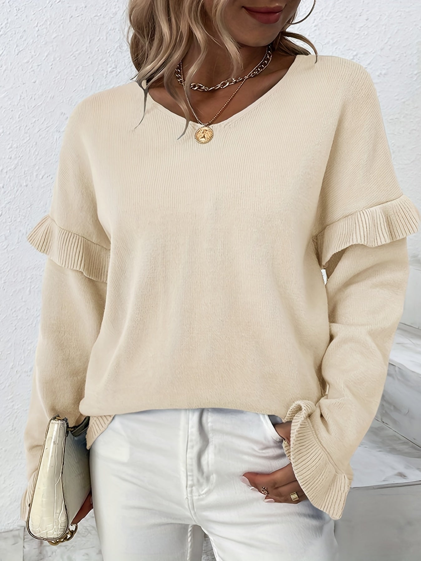 Jersey de mujer con cuello en V y manga pétalo | Colores sólidos