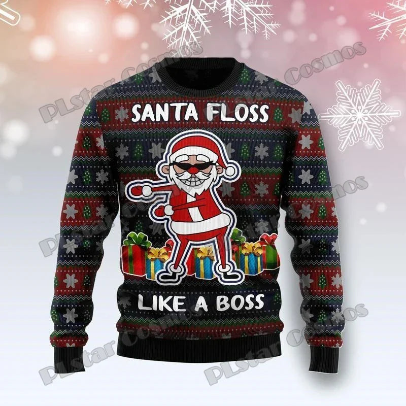 Lothar | Cálido jersey con escote redondo y estampado de terror en 3D de Papá Noel para hombre
