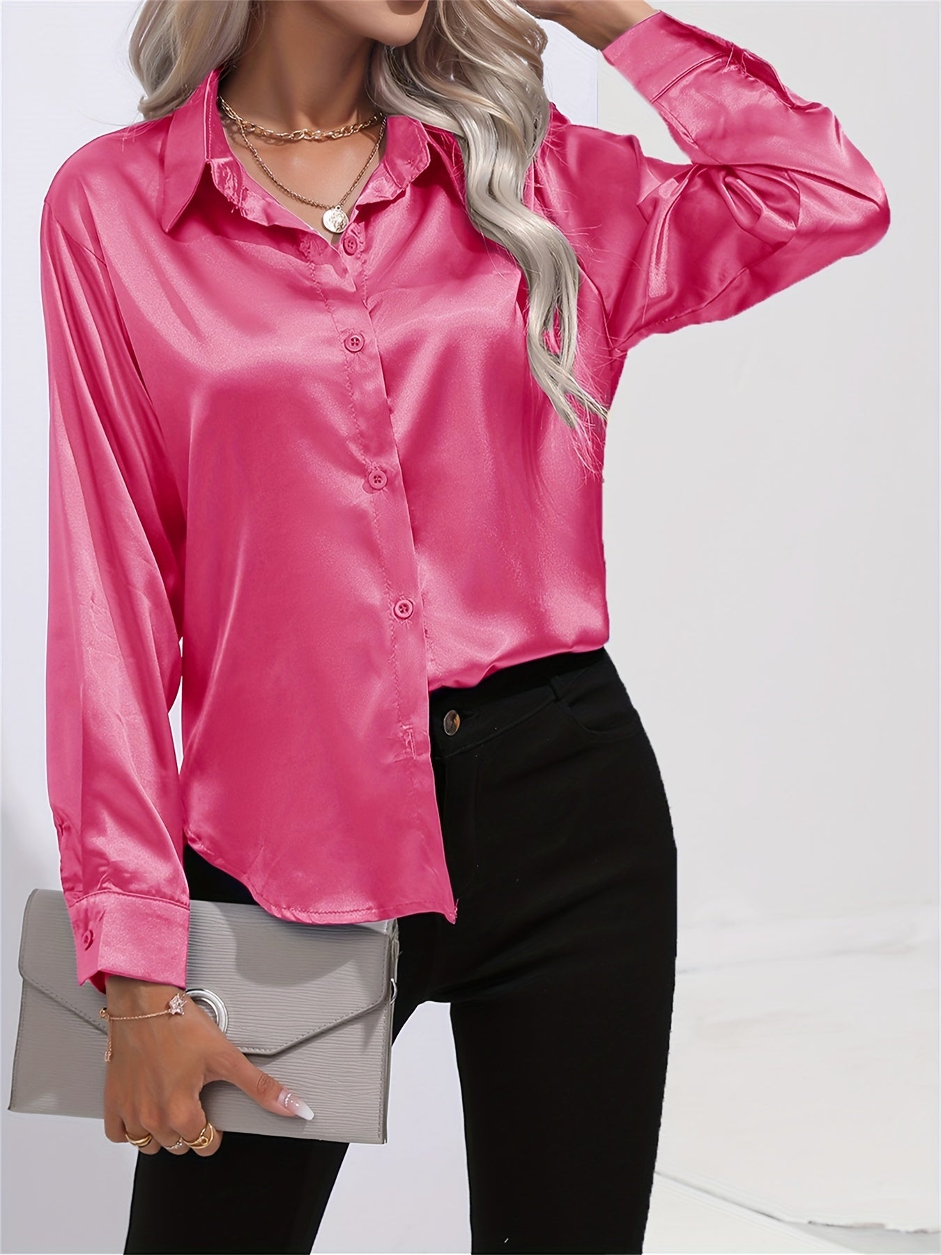 Blusa de satén de manga larga - Cuello con solapa y tejido ligero