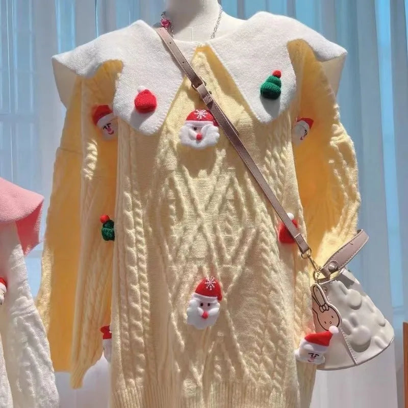 Hannes | Cálido jersey de punto con escote pop y figuras navideñas de ganchillo para mujer