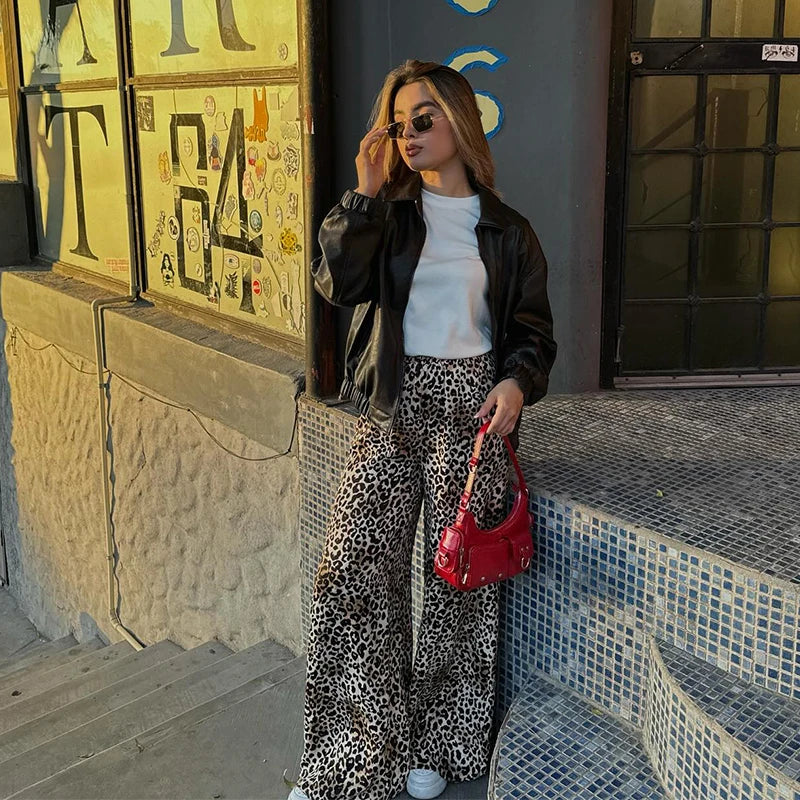 Pantalones anchos vintage con estampado de leopardo para mujer