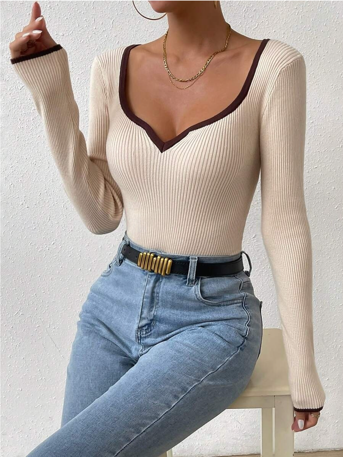 Jersey de punto con cuello en V para mujer Aria