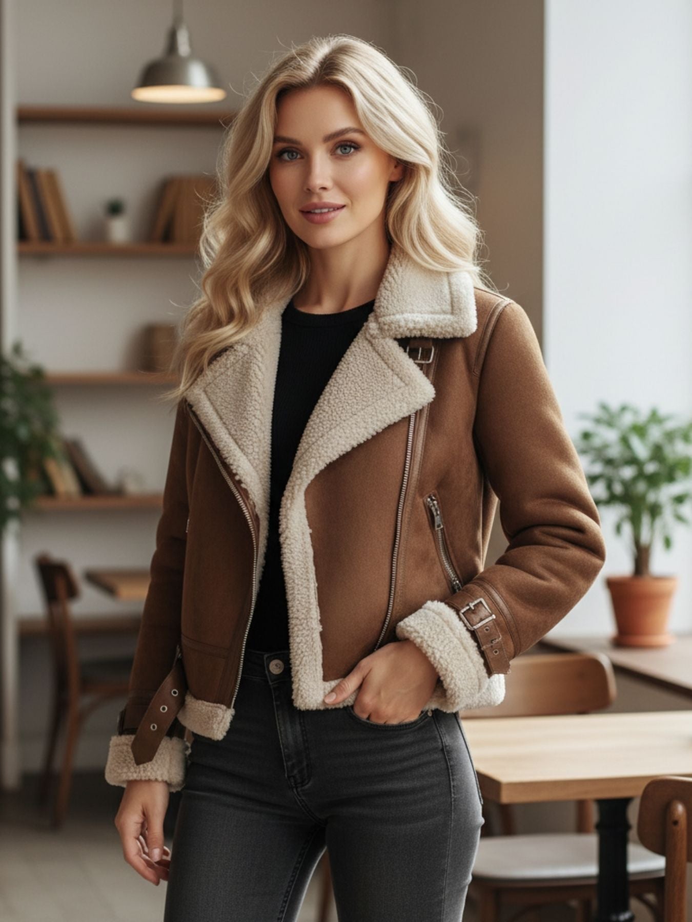 Selena | Chaqueta de cuero para mujer con forro sherpa elegante y cálido