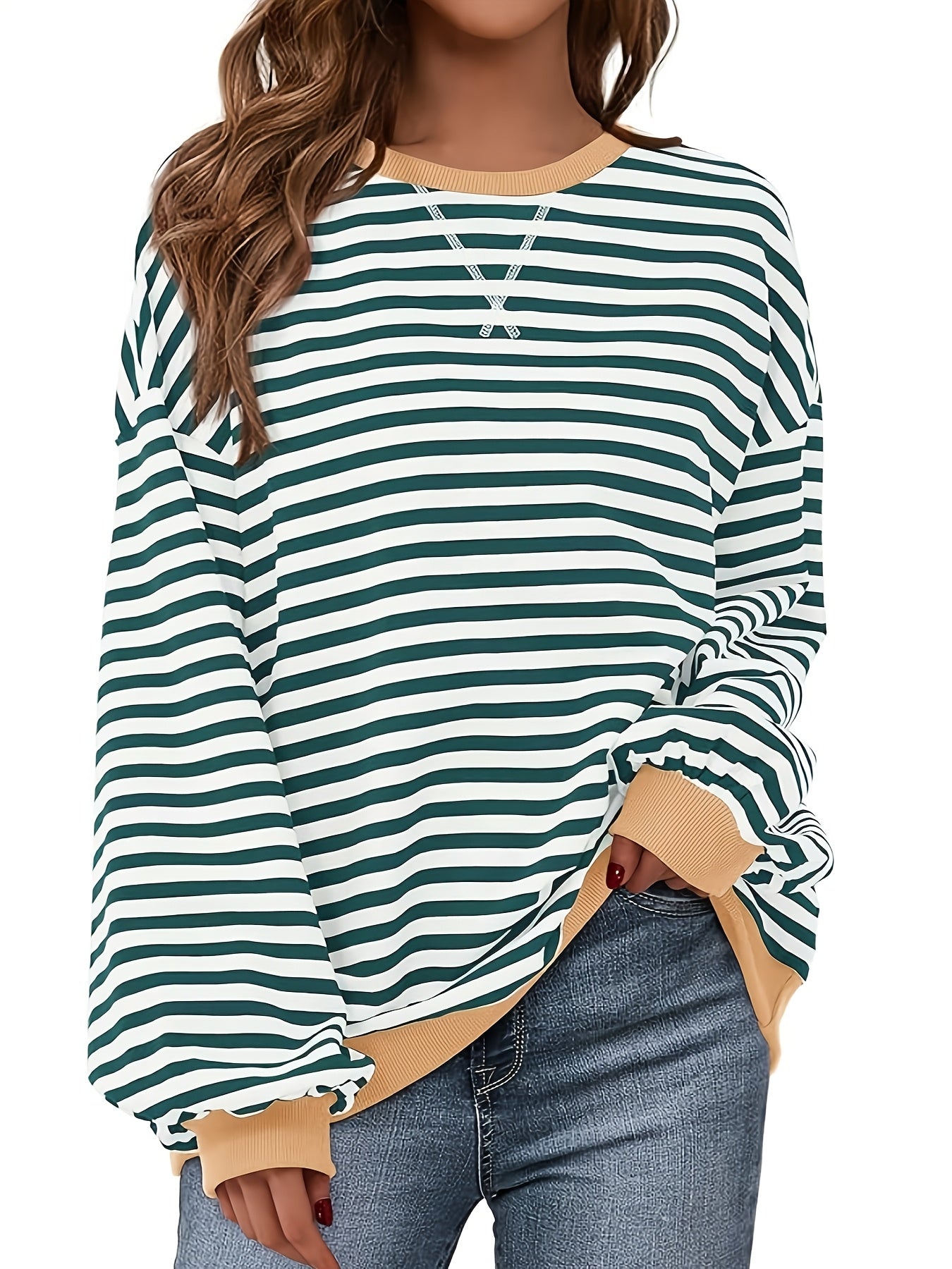 Sudadera de cuello redondo - Color Block Striped Design & Relaxed Fit