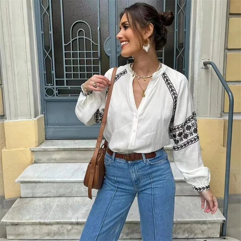 Blusa Willeke | Blusa bordada vintage de manga larga