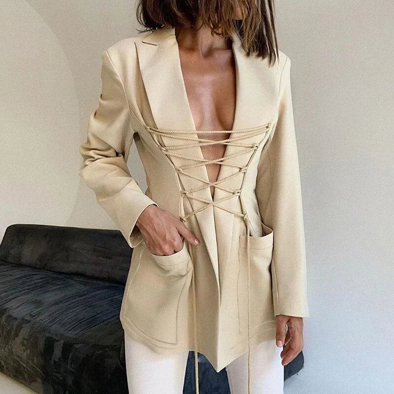 Tati | lace|up blazer manga bolsillos abrigo fino