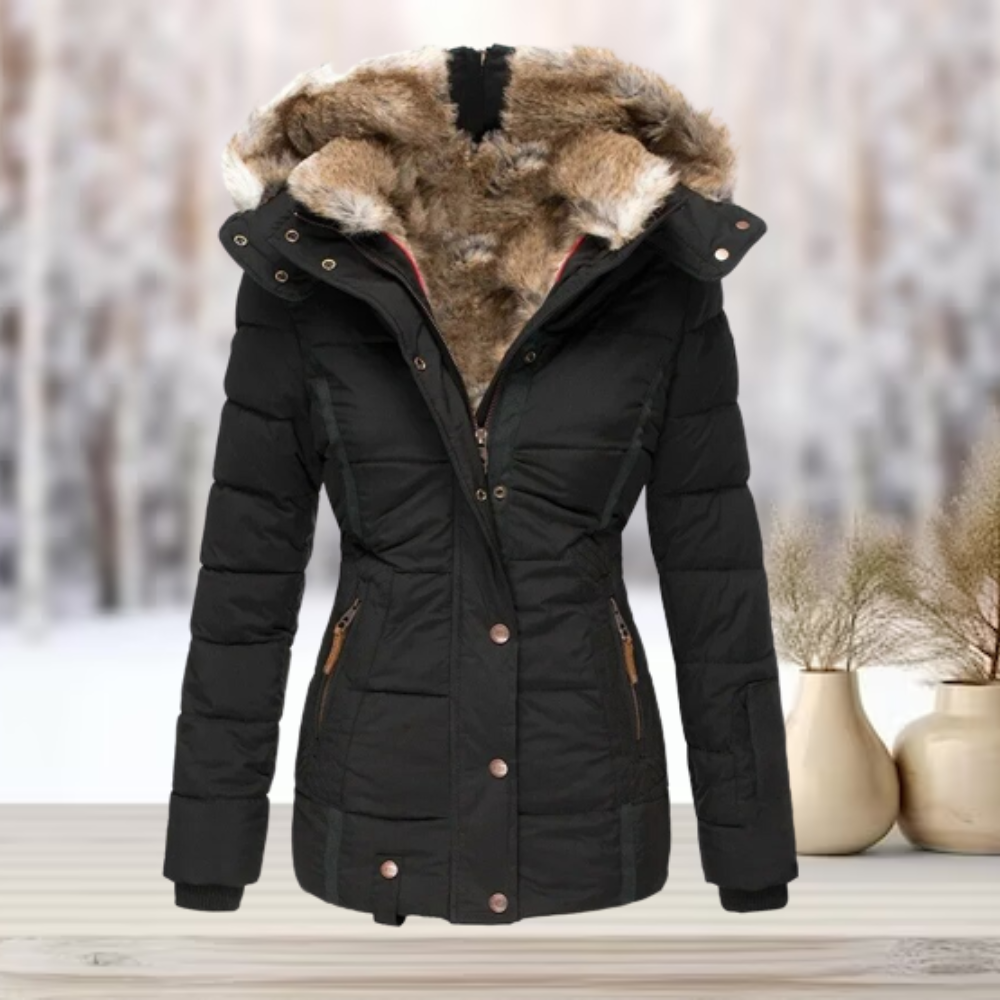 Elegante abrigo de invierno con forro de piel y capucha - lujoso y cálido para mujer