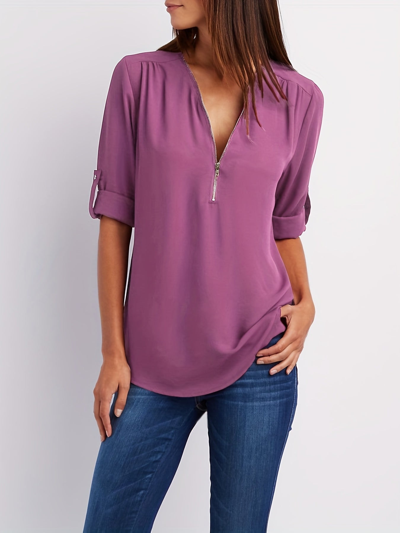 Blusa con cuello en V - Mangas remangables y detalle de media cremallera