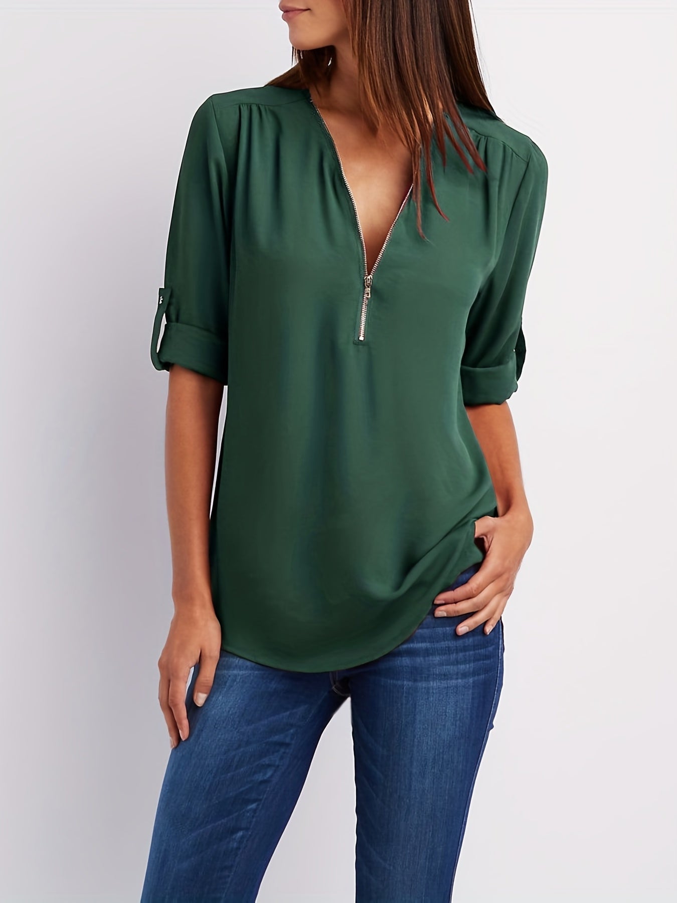 Blusa con cuello en V - Mangas remangables y detalle de media cremallera