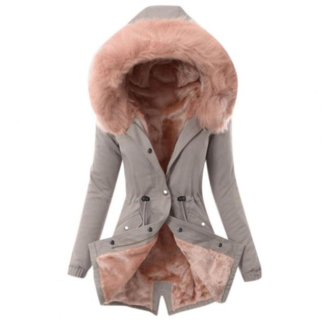 Chubasquero grueso y cálido con capucha de piel sintética y cintura ajustable para mujer | Ideal para otoño/invierno