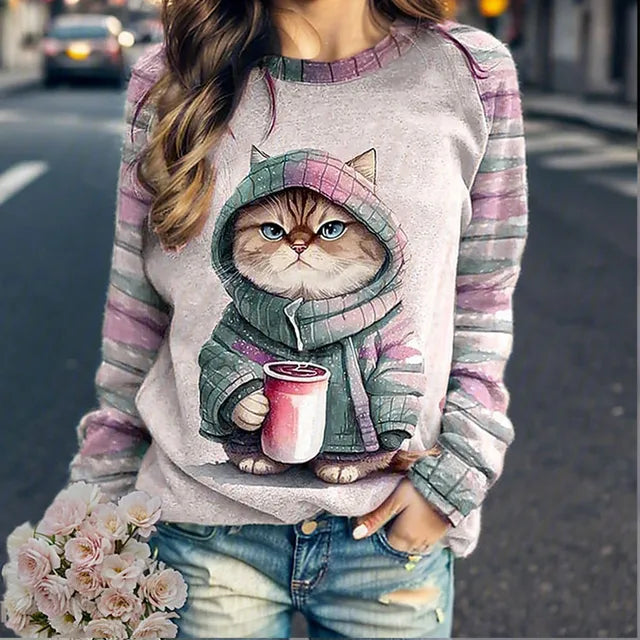 Mavey - Elegante jersey con estampado de gato para mujer