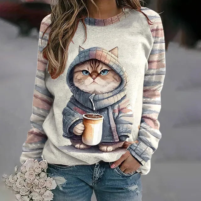 Mavey - Elegante jersey con estampado de gato para mujer