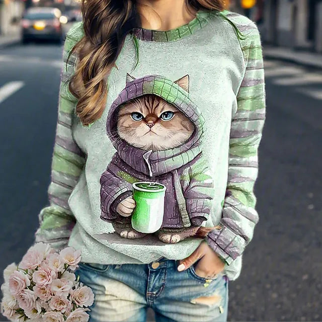 Mavey - Elegante jersey con estampado de gato para mujer