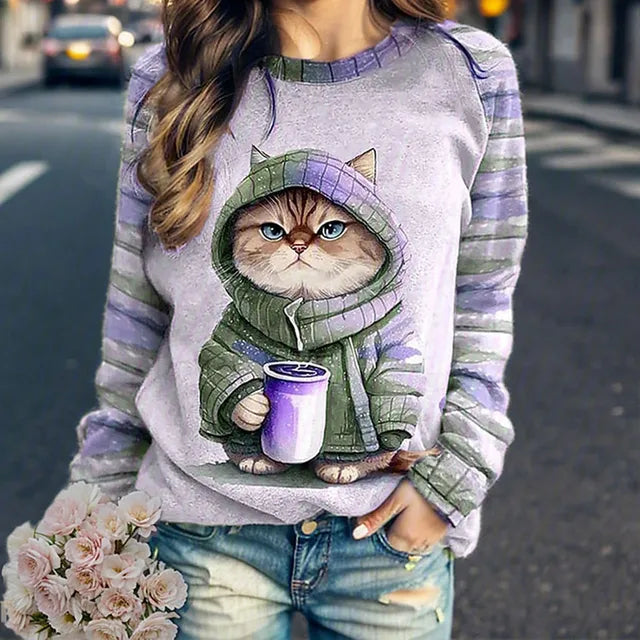 Mavey - Elegante jersey con estampado de gato para mujer