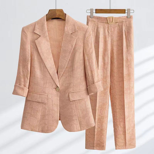 Iris - Otoño Mujer Lino 2 piezas Blazer Set con Cinturón