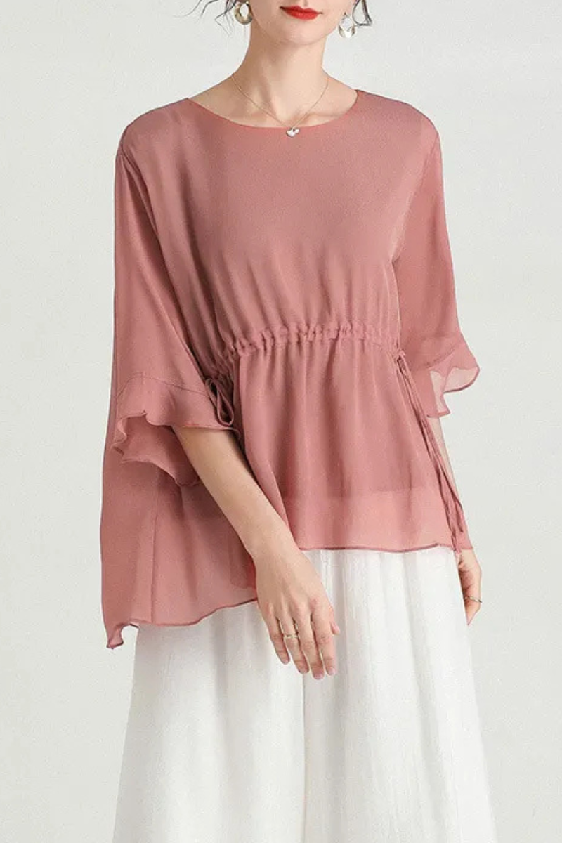 Zalani | Blusa de seda adelgazante de verano de manga corta y tallas grandes