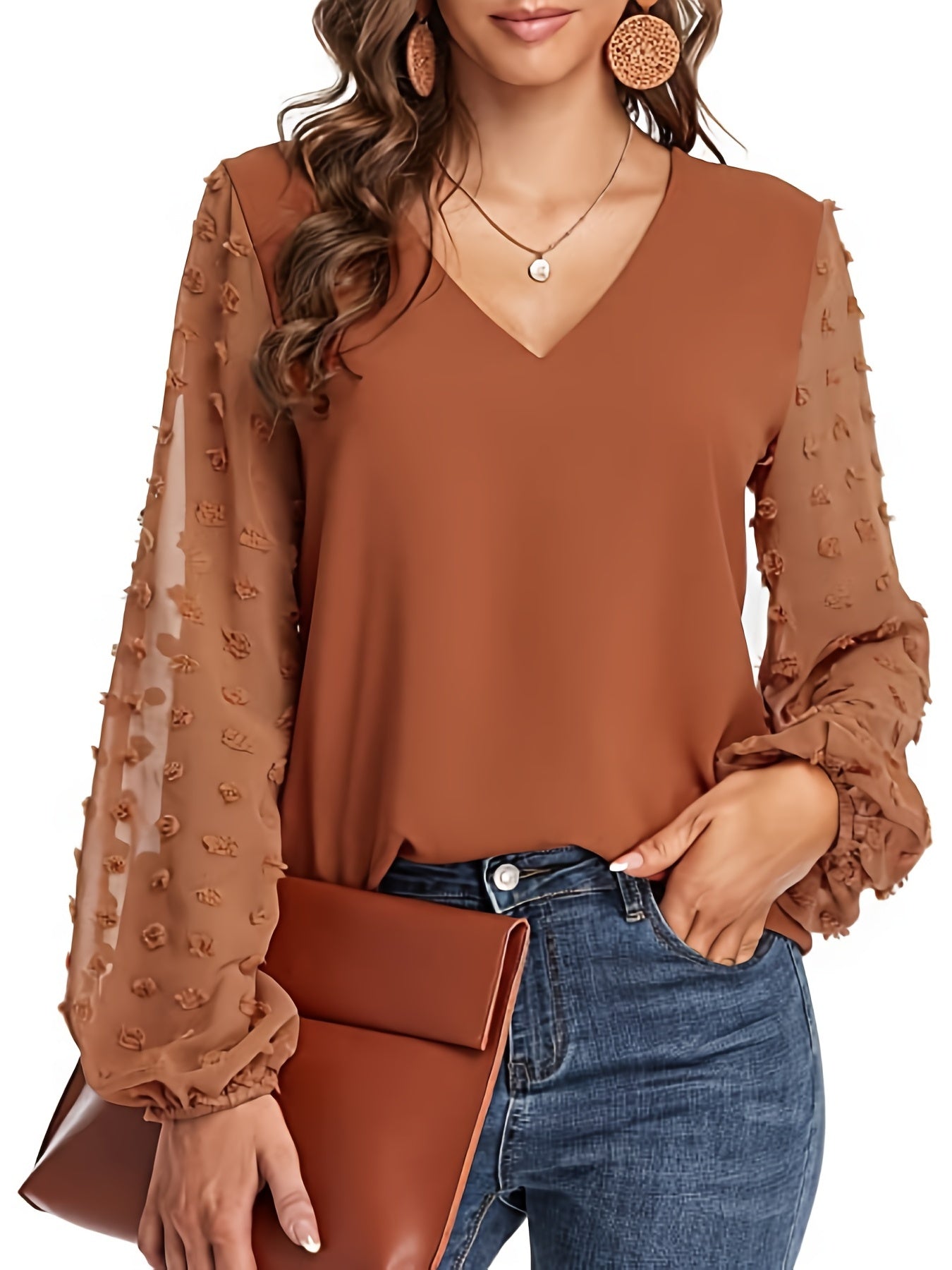 Camisa suiza - Mangas de lunares y diseño casual con cuello en V
