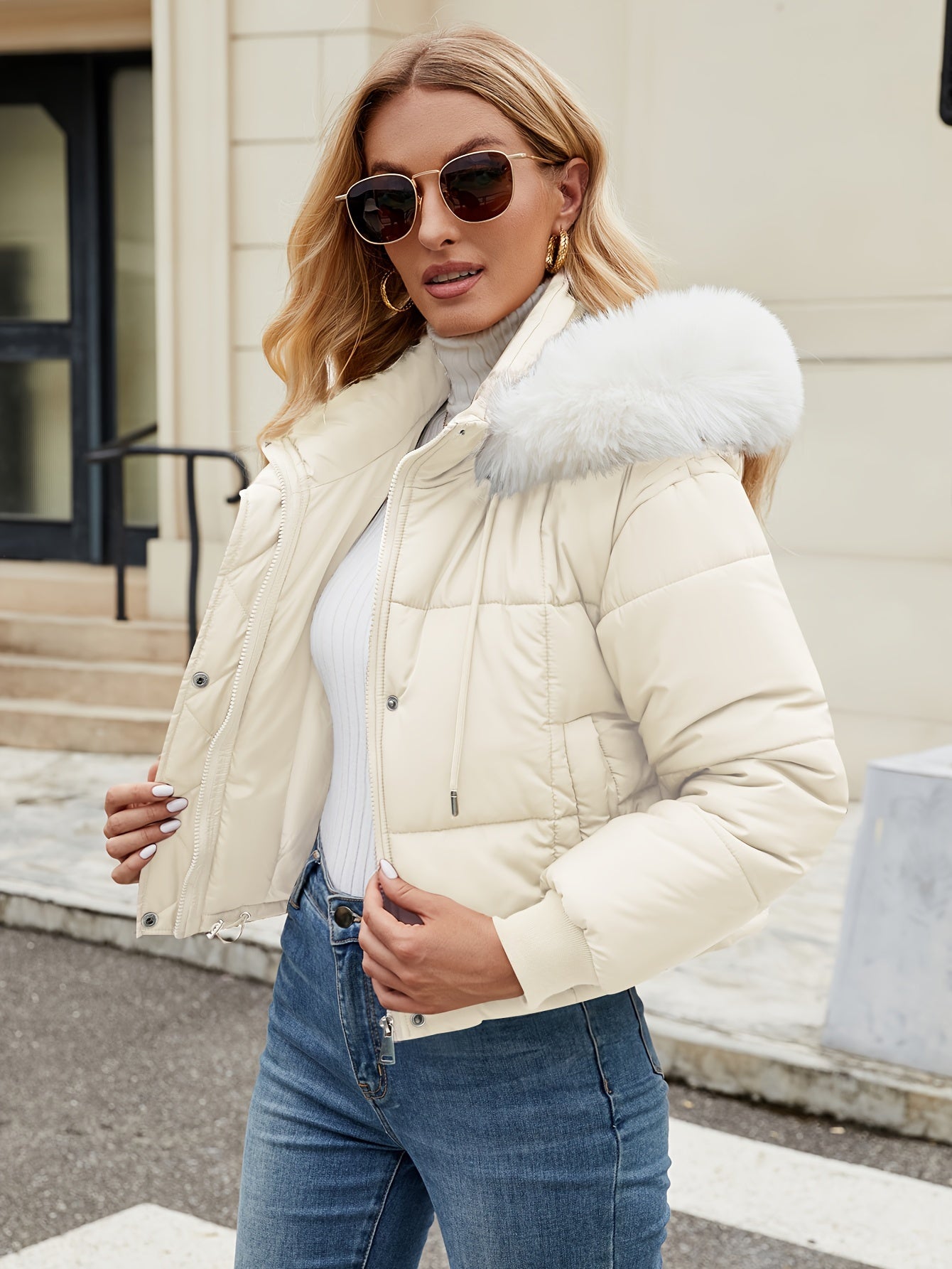 Elegante chaqueta corta de invierno con capucha de piel para mujer | Ideal para otoño/invierno