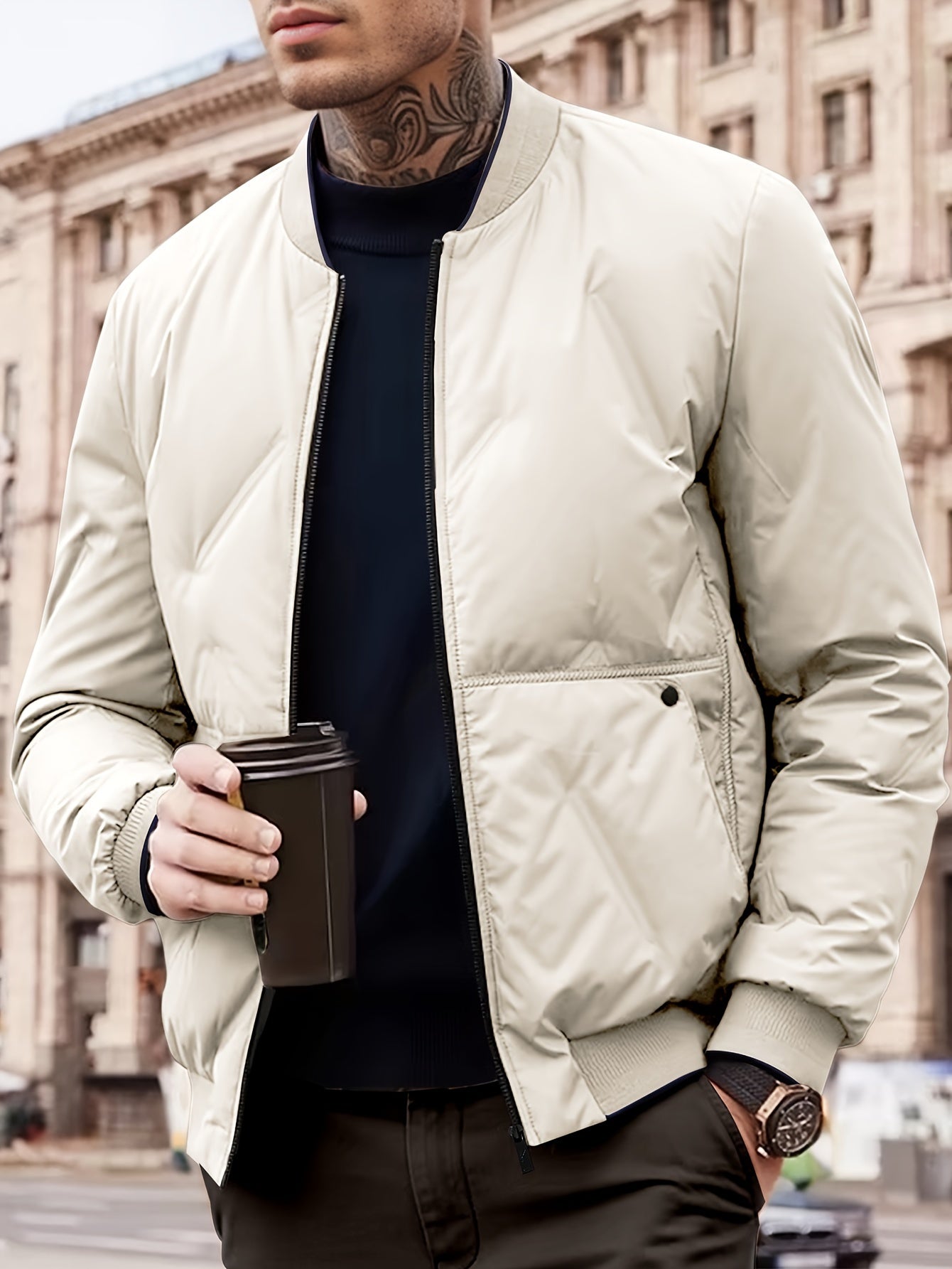 Cálido cuello de béisbol Zip sólido polar con bolsillos Chaqueta de invierno para los hombres | Perfecto para actividades al aire libre