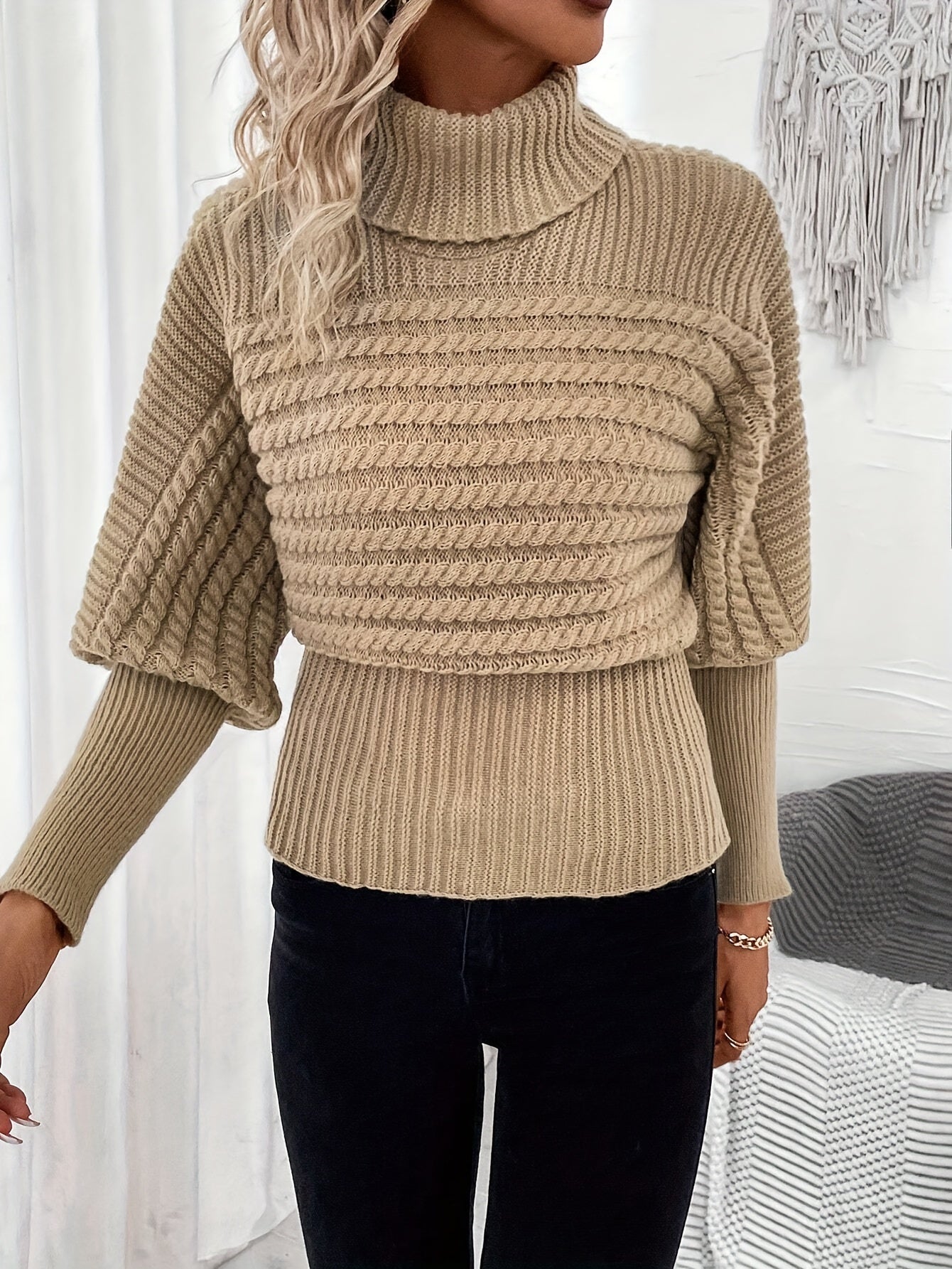 Devine - Otoño casual y con estilo Khaki suéter de punto con cuello alto de las mujeres