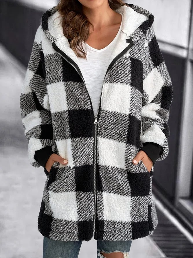 Chaqueta oversize de mujer con capucha y cuadros | Abrigo amplio y cómodo
