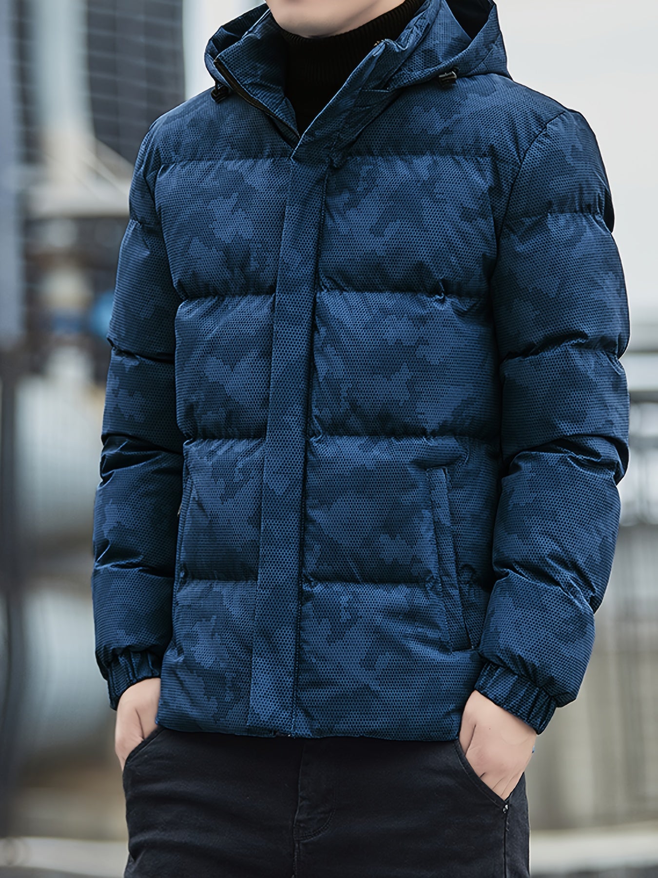Chaqueta de invierno casual acolchada con cremallera de algodón y capucha desmontable para hombre | Perfecta para actividades al aire libre