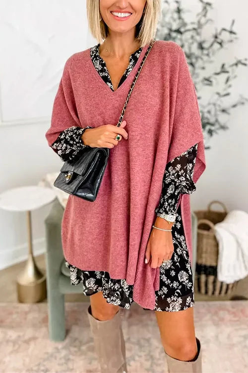 Jessica | Jersey poncho liso con cuello en V, elegante corte holgado