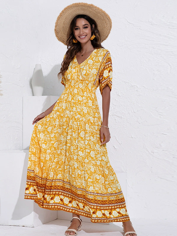 Vestido de cuello en V con estampado de cintura alta
