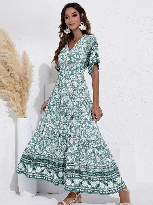 Vestido de cuello en V con estampado de cintura alta