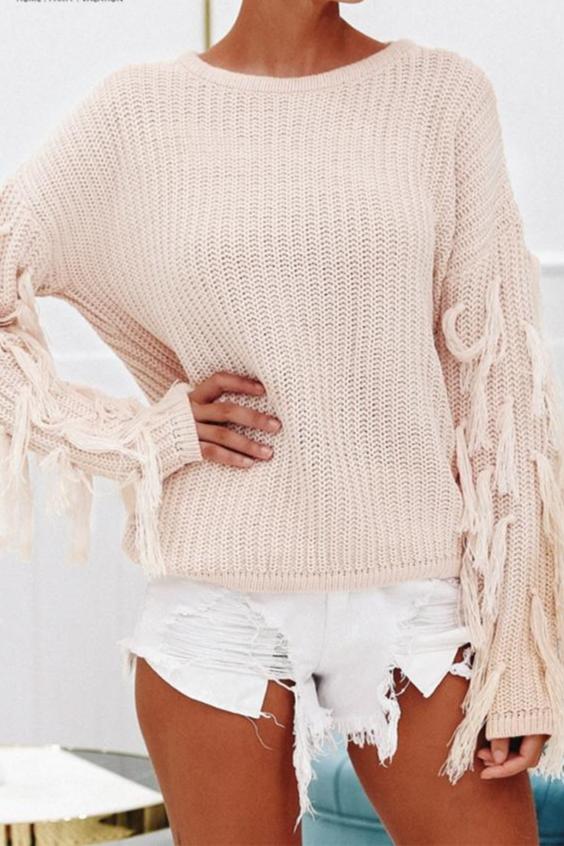 Jersey casual de cuello en O con borlas para mujer