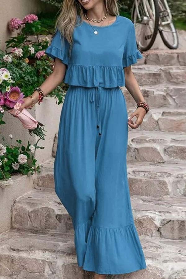 Casual pantalones sueltos unicolor con mangas cortas y perneras anchas conjunto de dos piezas