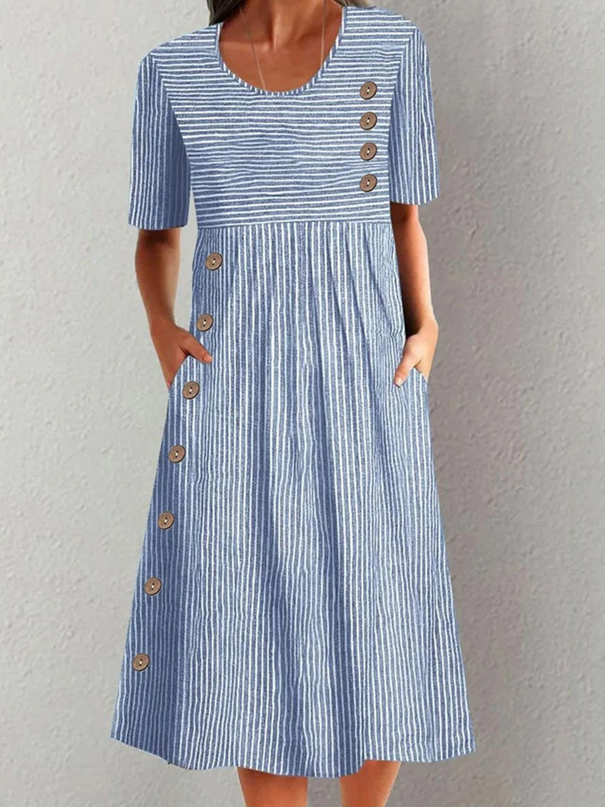 Vestido midi casual con rayas y manga corta