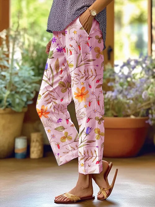 Women's Floral Patterned Loose Pocket Patchwork Casual Trousers