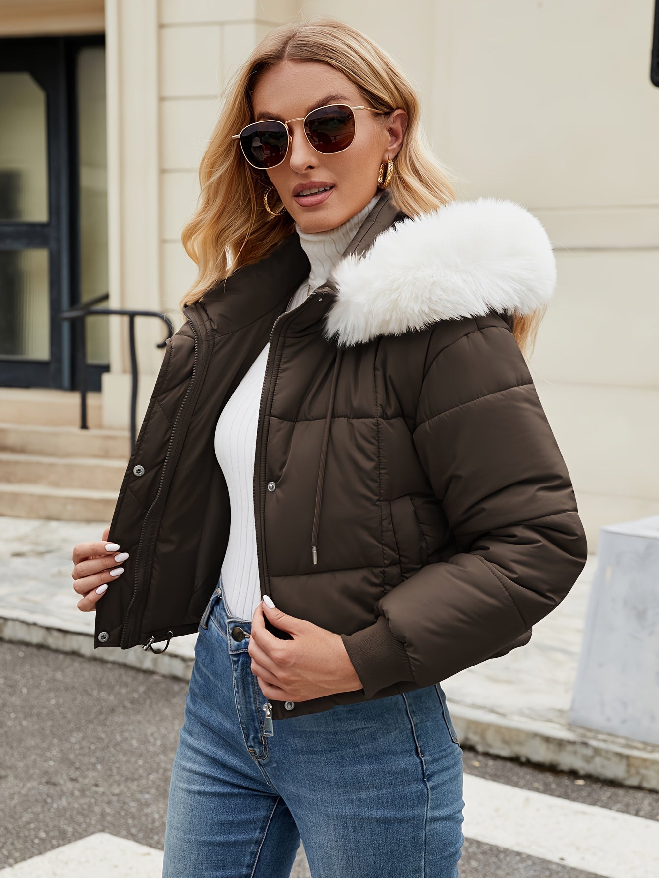 Elegante chaqueta corta de invierno con capucha de piel para mujer | Ideal para otoño/invierno