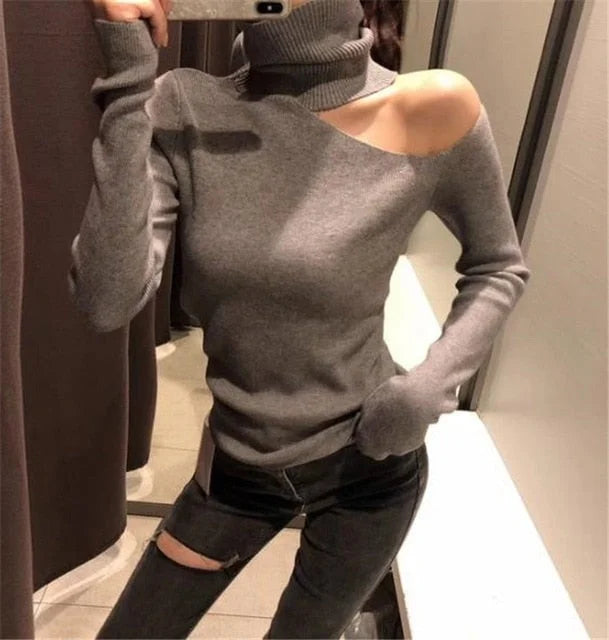 Elegante jersey de punto para mujer con hombros redondeados | jersey de cuello alto y manga larga