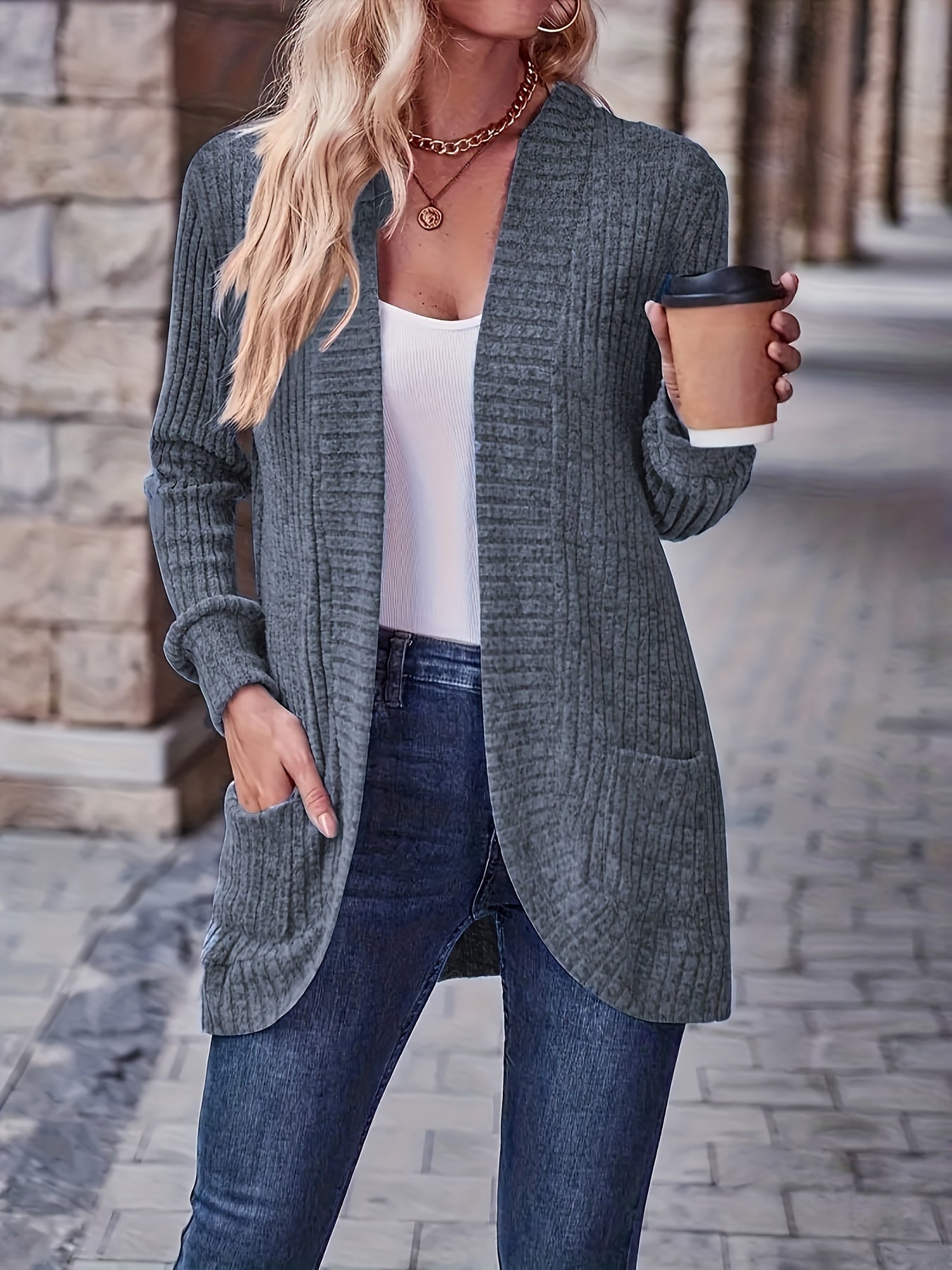 Emilia - Chaleco abierto liso con bolsillos, mujer