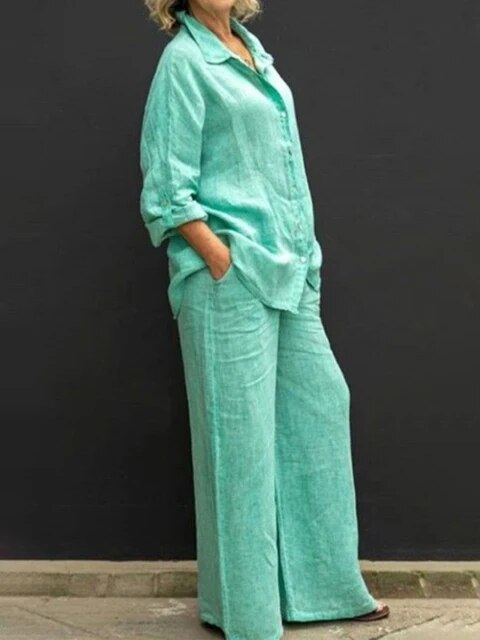 Conjunto casual de blusa y pantalón de lino