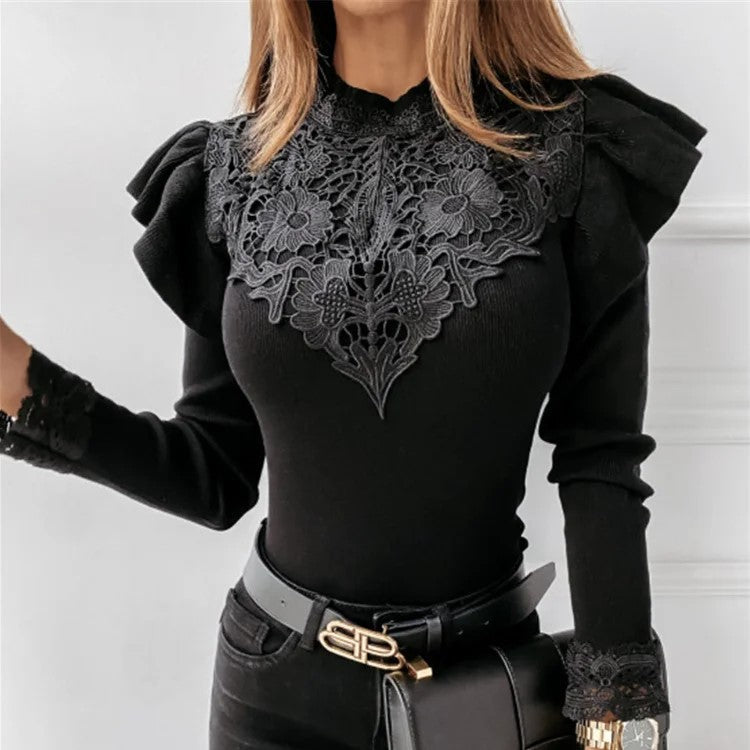Mina - Jersey de mujer con cuello, volantes y encaje